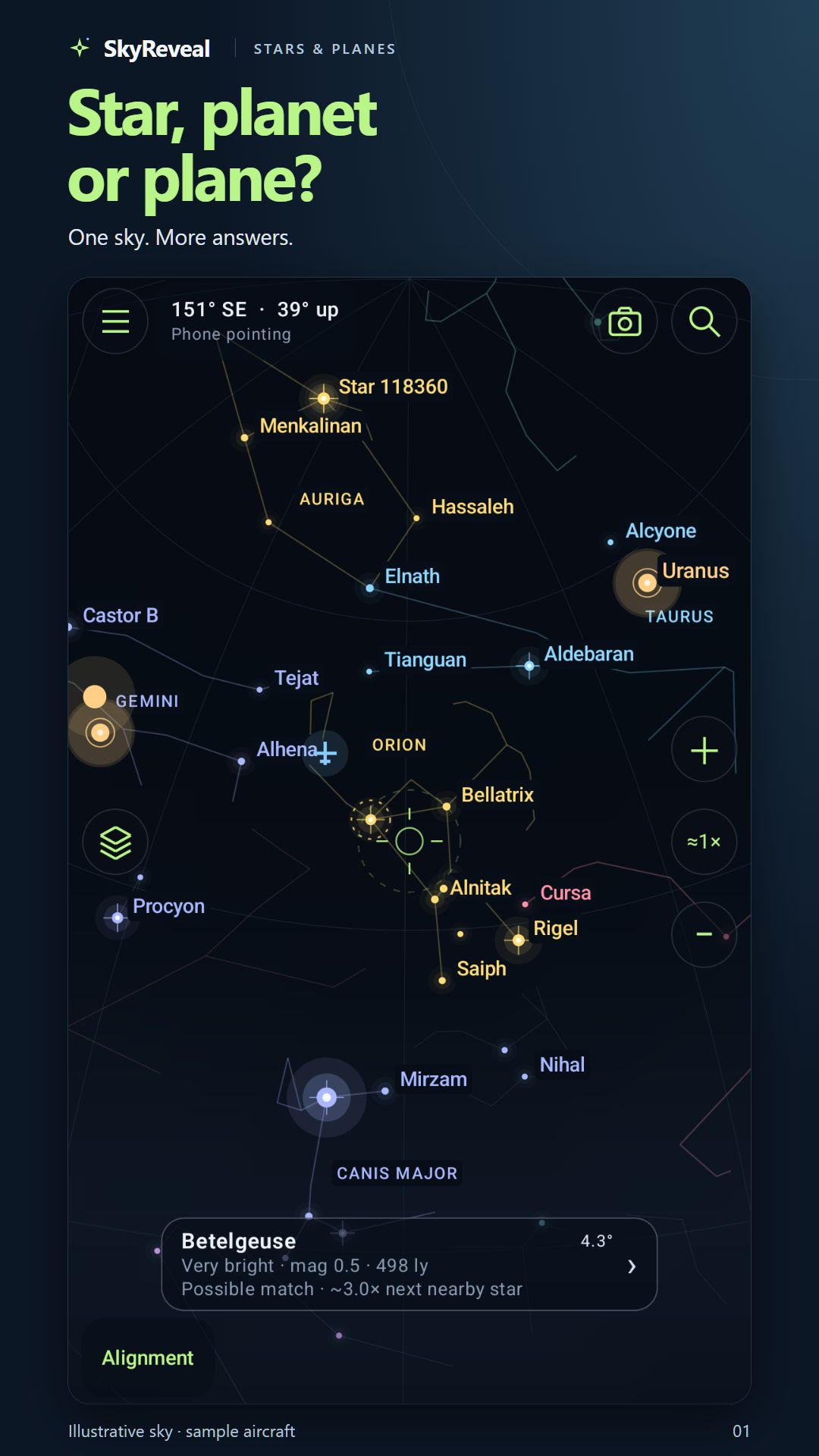SkyReveal app preview showing stars and aircraft in one sky view